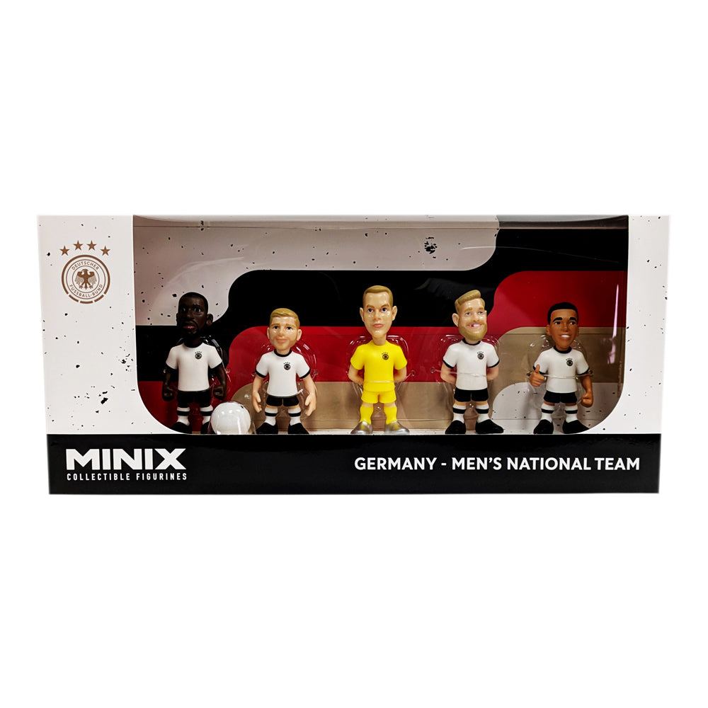 Minix Germany National Team 5-pack collectible figurines featuring Ter Stegen, Gündoğan, Rüdiger, Füllkrug, and Musiala in 7cm size with official DFB design.