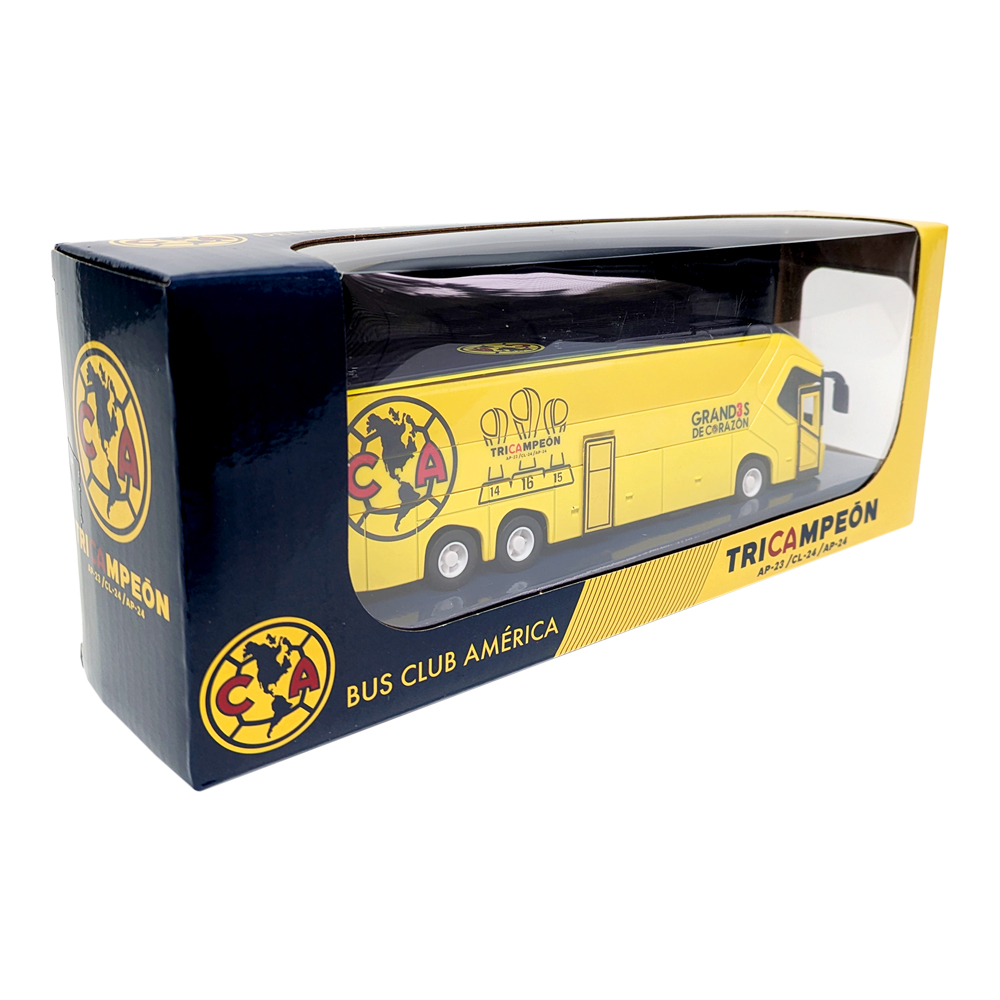 Club América Mini Team Bus, yellow miniature coach with navy Club América crest and graphics in a clear display box.
