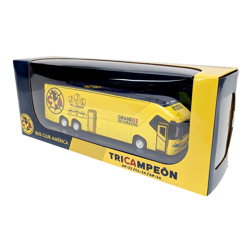 Club América Mini Team Bus, yellow miniature coach with team crest and black accents, displayed in branded packaging