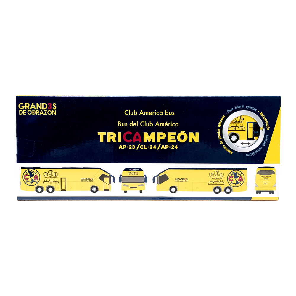 Club América Mini Team Bus boxed collectible in a yellow and navy coach design, with championship graphics and team crests.