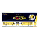 Club América Mini Team Bus boxed collectible in a yellow and navy coach design, with championship graphics and team crests.