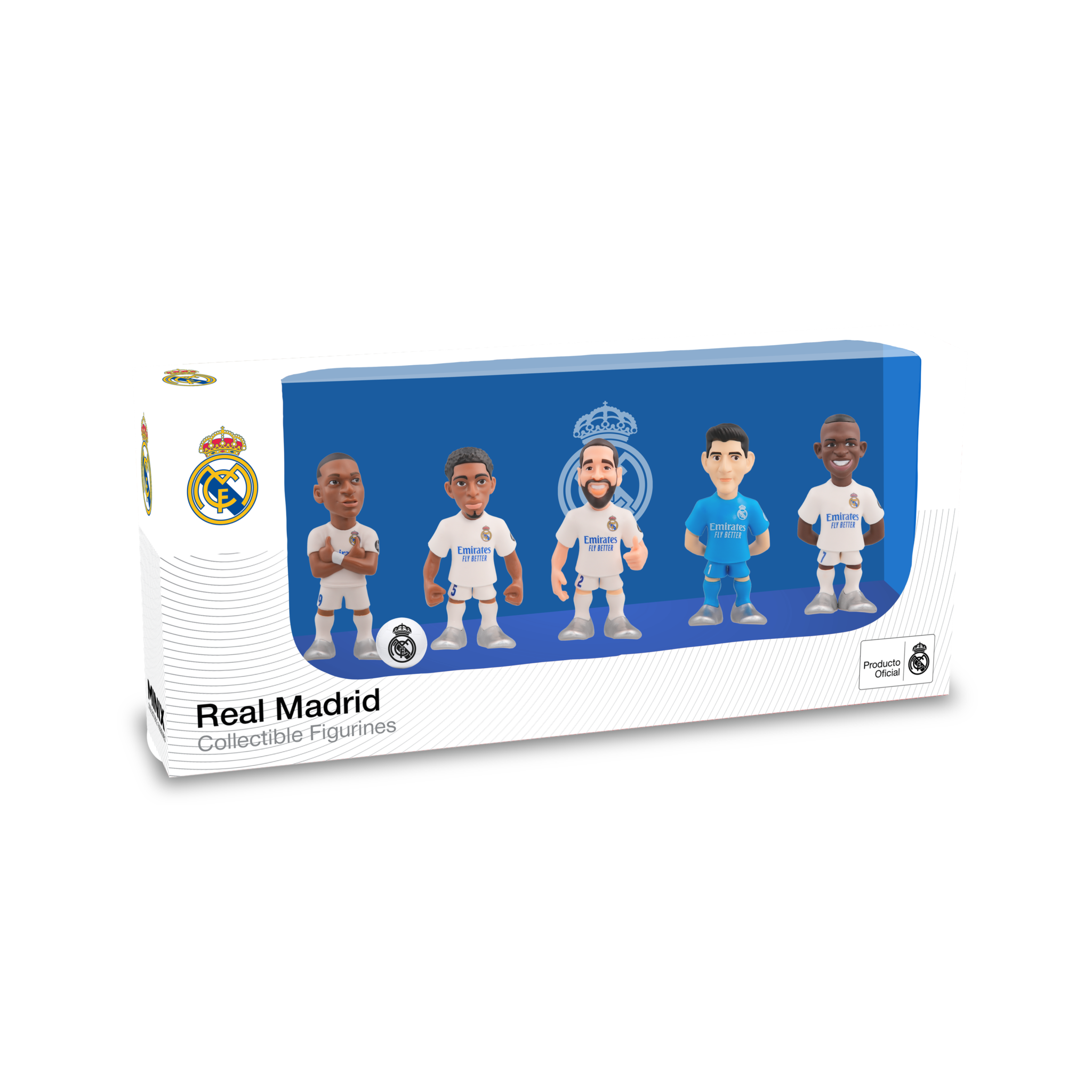 Minix Real Madrid 5-Pack V4 official 7cm football figurines of Courtois, Vinícius Jr, Bellingham, Carvajal, and Mbappé in full club kits.