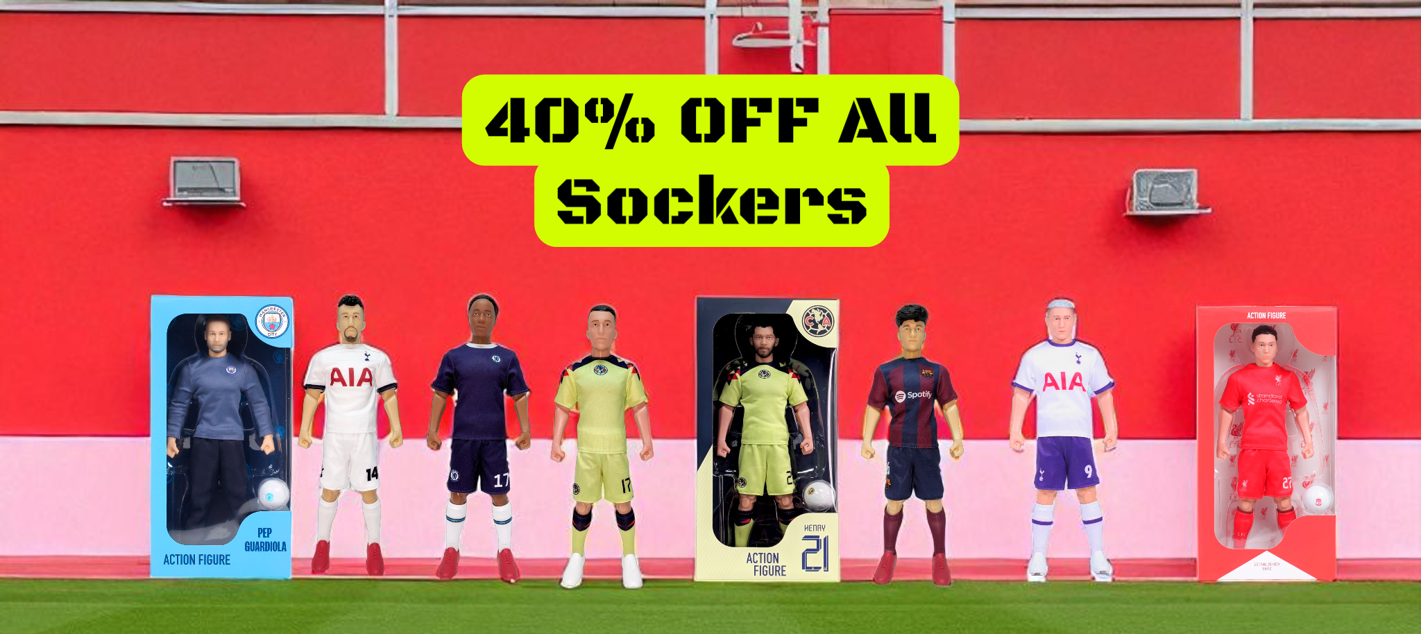 Soccer player figurines in various uniforms on a soccer field with promotional text.