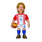 Minix Luka Modrić Croatia football figurine in a white and red checkered kit, holding a gold ball with blue socks and boots.