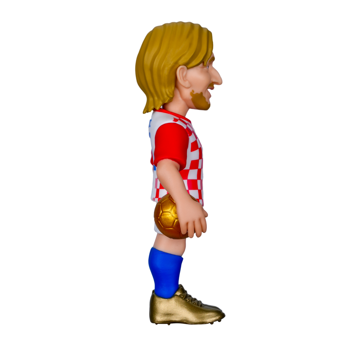 Minix Luka Modrić football figurine in a red-and-white Croatia checkered kit, with long blond hair and gold boots.