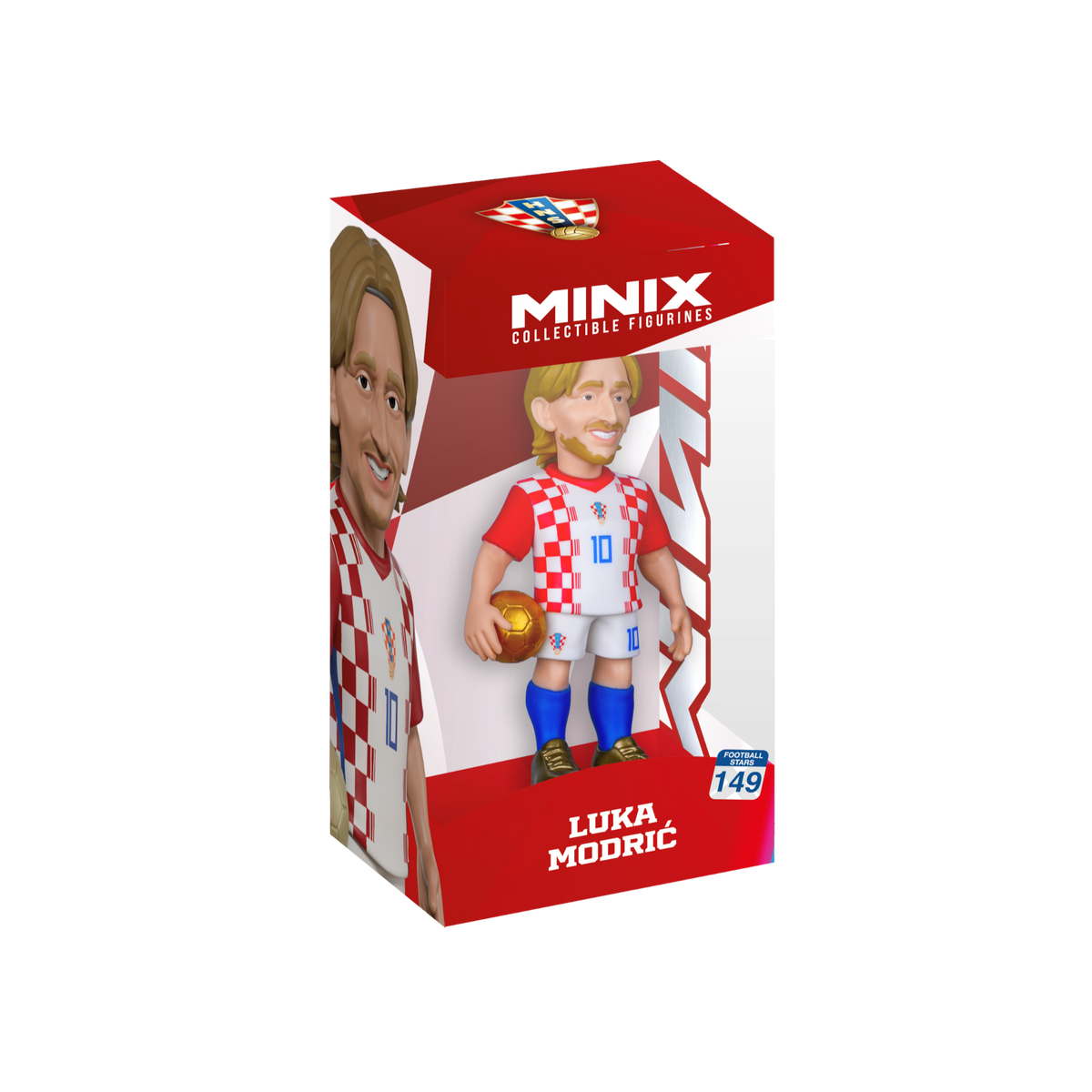 Minix Luka Modrić collectible figurine in a red-and-white Croatia kit, holding a golden ball inside red display packaging.
