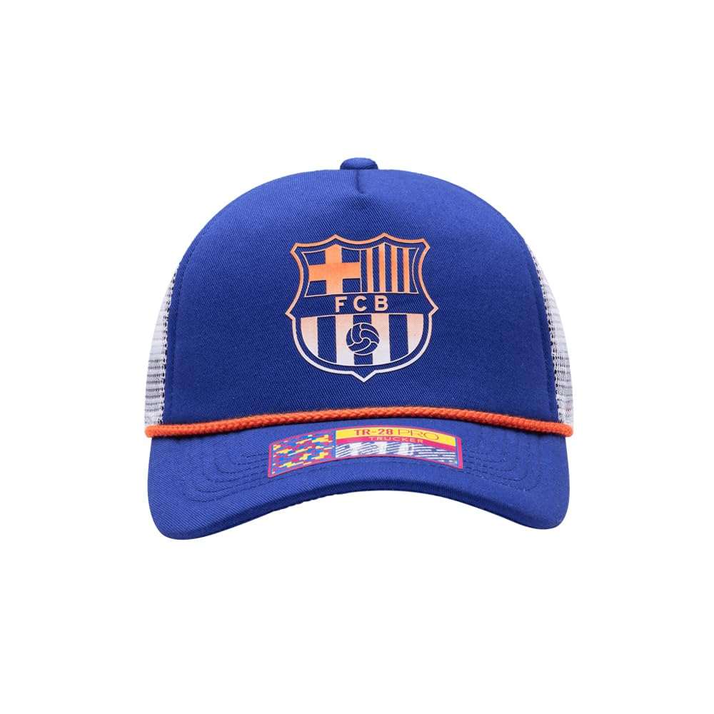 Fan Ink FC Barcelona black retro-surf style trucker hat with gradient front and mesh back
