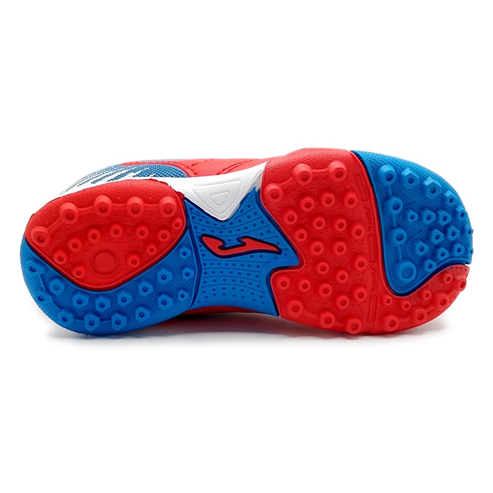 Toledo JR Kids Turf Soccer Shoe in red and blue with synthetic upper and rubber outsole for traction