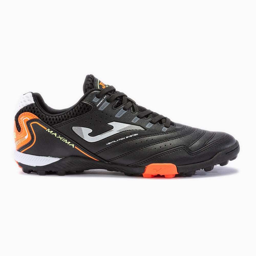 Joma Maxima black men's turf soccer shoes with lightweight breathable synthetic upper and high-traction rubber outsole for artificial grass