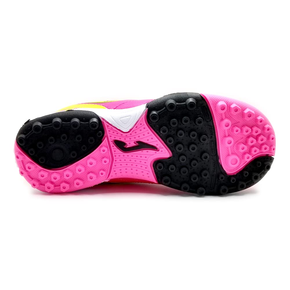 Toledo JR Kids Turf Soccer Shoe in Pink and Neon Yellow with synthetic Fibertec upper and rubber outsole