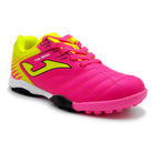 Joma Toledo Junior Turf Soccer Shoe in pink and neon yellow, kids size 2, lightweight with rubber outsole for turf and hard surfaces