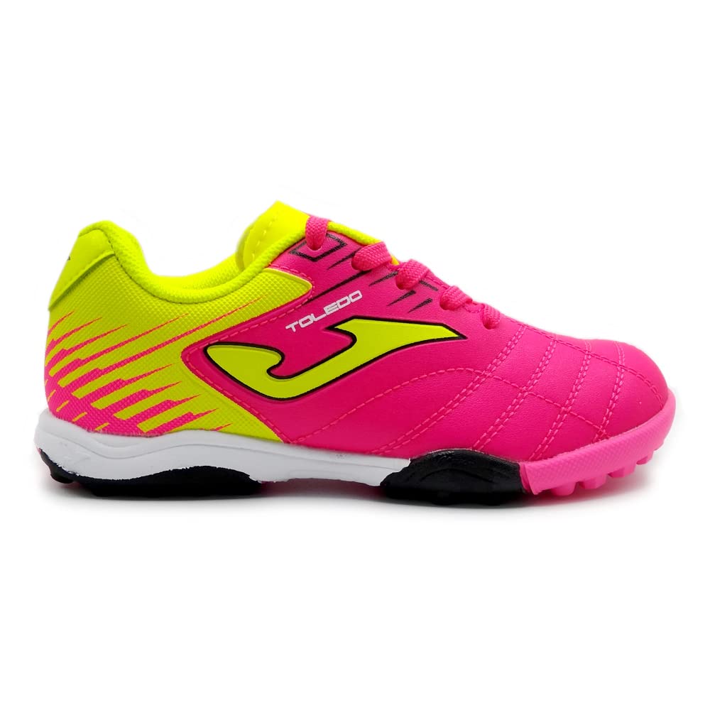 Joma Toledo Junior Turf Soccer Shoe in pink and neon yellow, size 4.5, youth lightweight soccer cleat with synthetic upper and durable rubber outsole