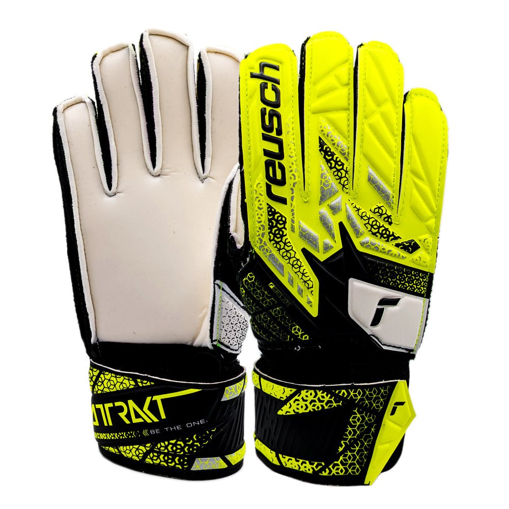 Reusch-Attrakt Solid Junior Goalkeeper Gloves with durable synthetic latex palm foam, expanse cut design, and breathable mesh backhand.