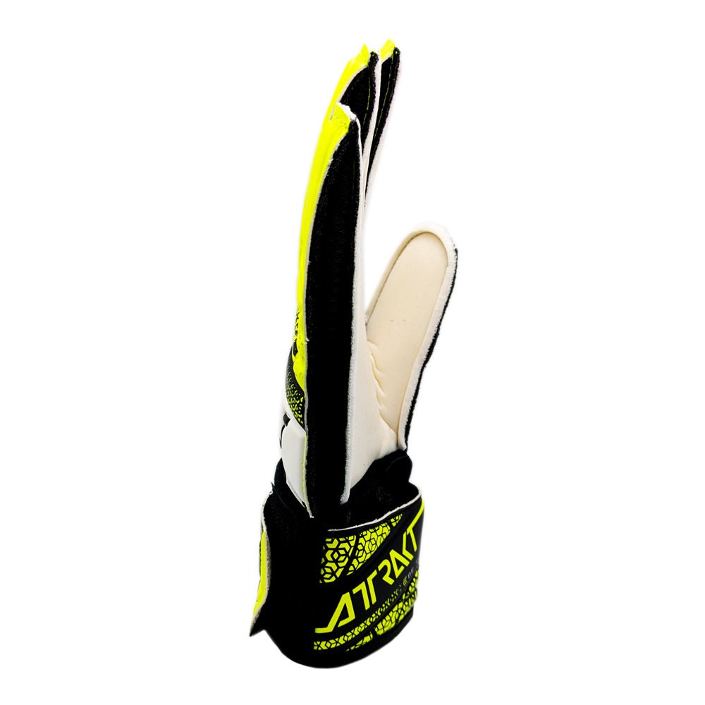 Reusch-Attrakt Solid Junior Goalkeeper Gloves with yellow and black design, synthetic latex palm, and full strap closure.