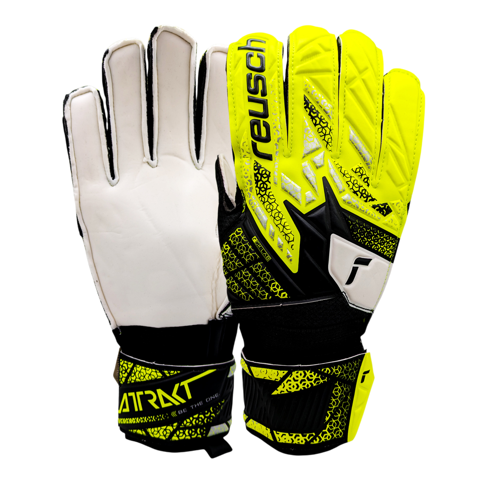 Reusch Attrakt Solid goalkeeper gloves with durable palm foam, synthetic latex, yellow and black design, adjustable strap, breathable mesh backhand, and thumbflex technology.