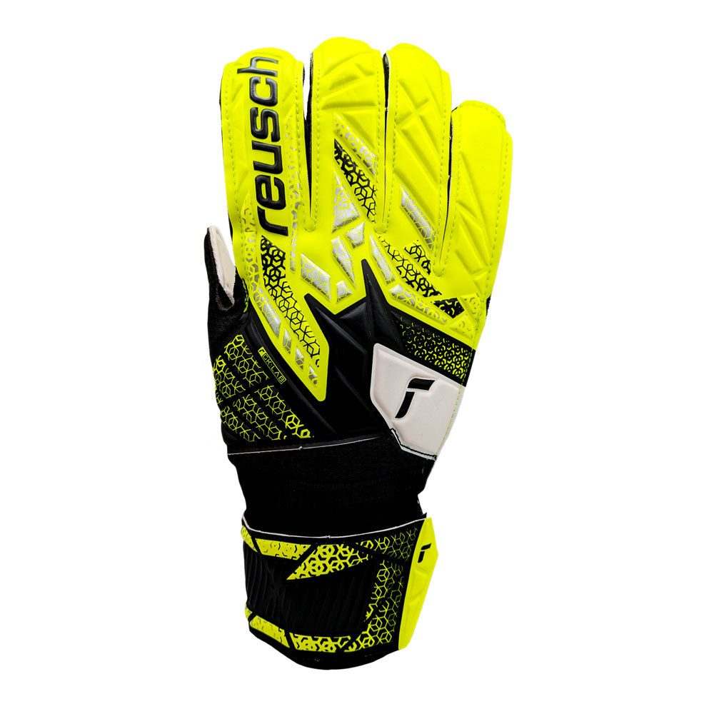 Reusch Attrakt Solid goalkeeper gloves with yellow design, durable for artificial grass, expanse cut, breathable micro mesh.