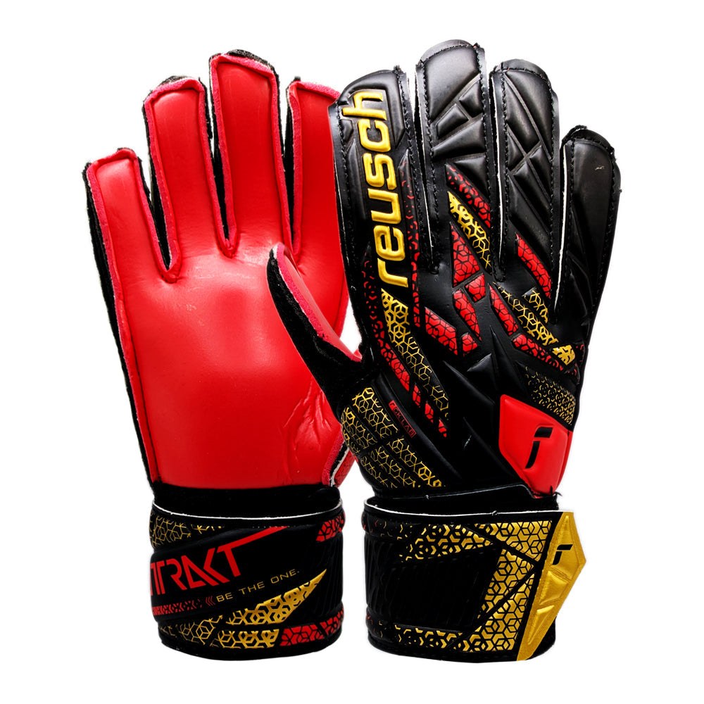 Reusch-Attrakt Solid Junior Goalkeeper Gloves with durable synthetic latex palm, expanse cut, and full strap closure for enhanced support.