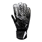 Reusch-Attrakt Solid Junior Goalkeeper Gloves with black palm, expanse cut, and open cuff design for durability and flexibility.