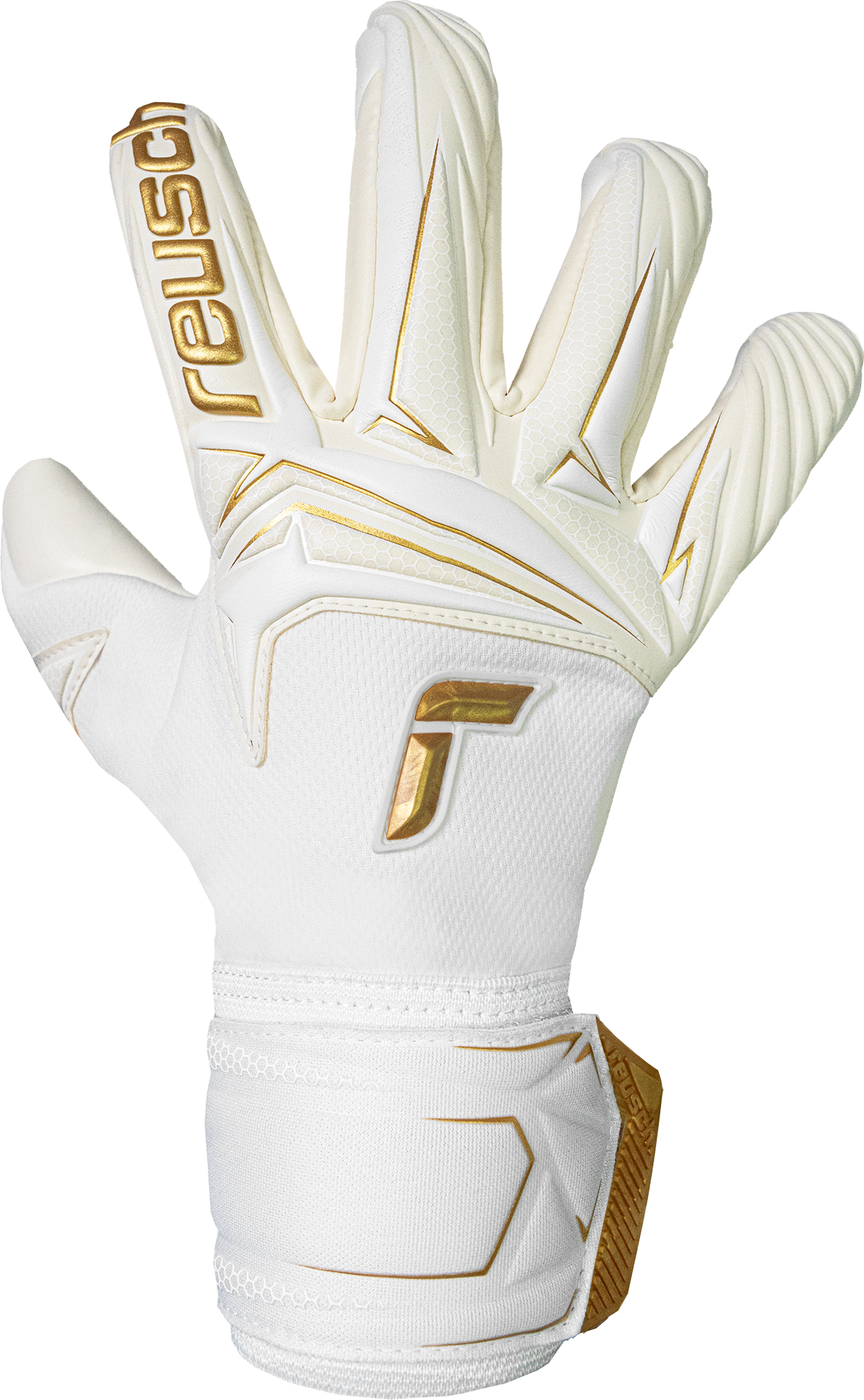 Reusch Attrakt AB1 Advance goalkeeper glove in White-Gold, front view