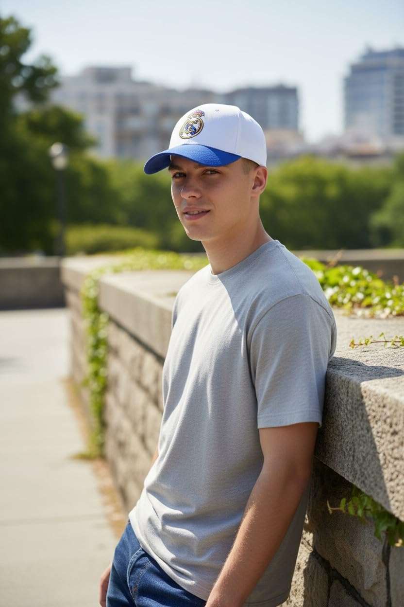 Fan Ink Real Madrid adjustable 2-tone royal and white soccer cap with embroidered crest and snapback closure