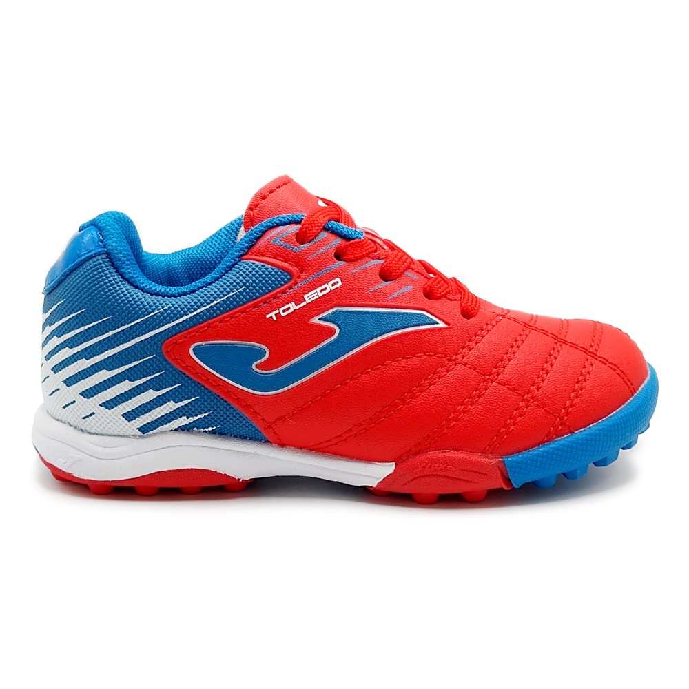 Red and blue Toledo JR Kids Turf Soccer Shoes by Joma with synthetic Fibertec upper and rubber outsole for traction