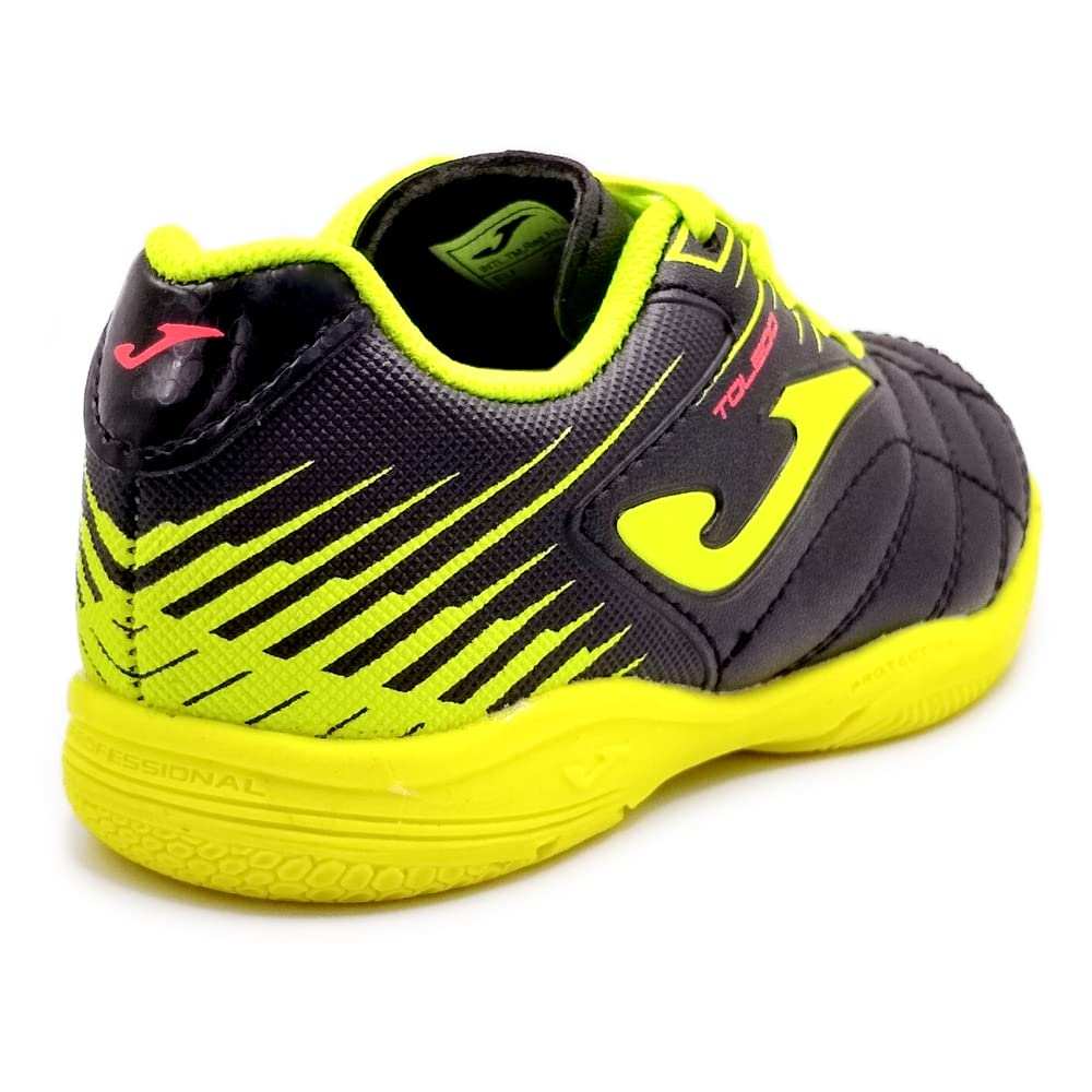Joma Toledo Junior red indoor soccer shoes for kids with lightweight synthetic upper, non-marking sole, and enhanced heel support for futsal and gym courts