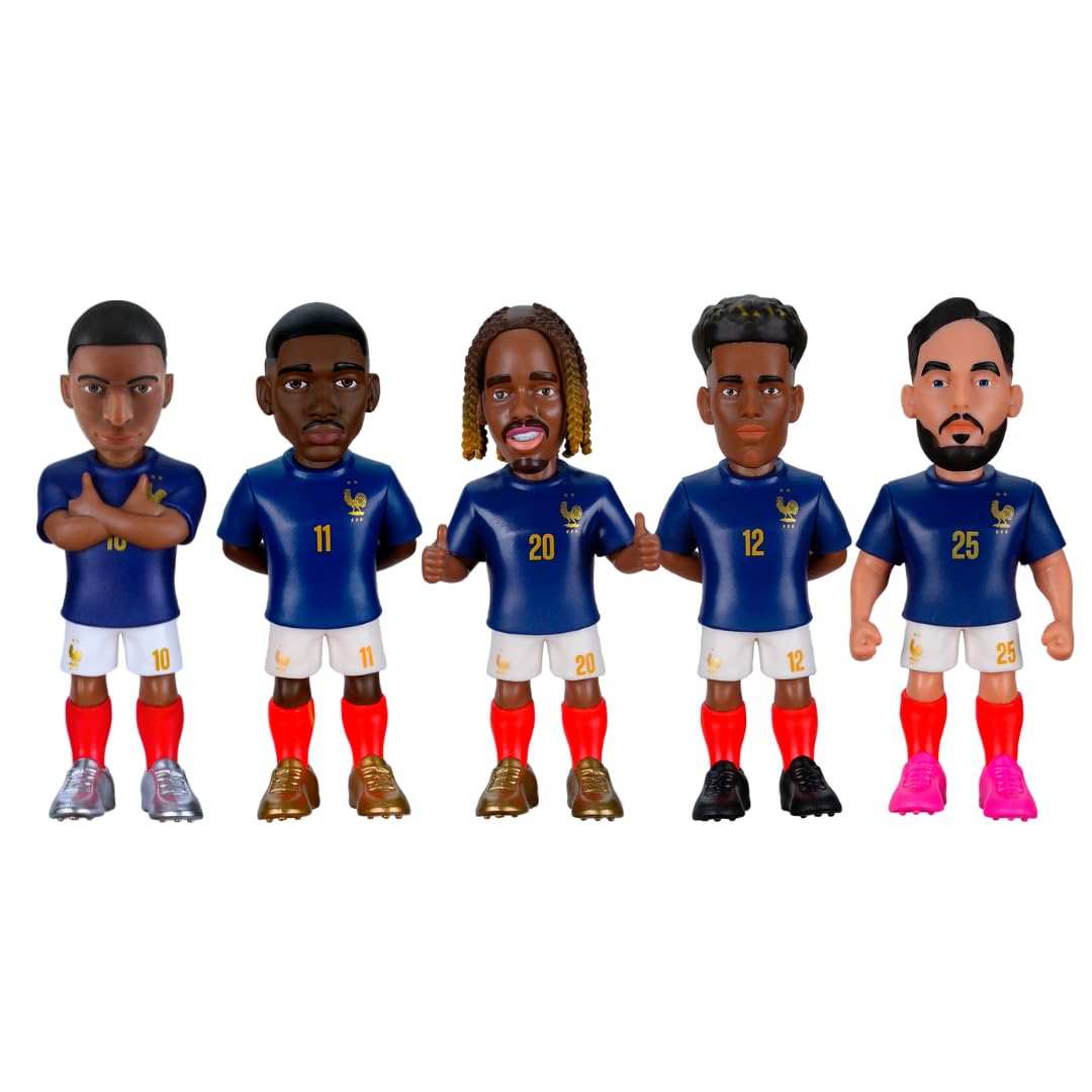 Minix France National Team 5-pack collectible soccer figurines featuring Mbappe, Dembele, Barcola, Doue, and Cherki in official kits