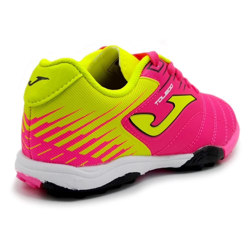 Joma Toledo Junior Turf Soccer Shoe in pink and neon yellow, size 4.5, lightweight youth soccer shoe with synthetic upper and durable rubber outsole