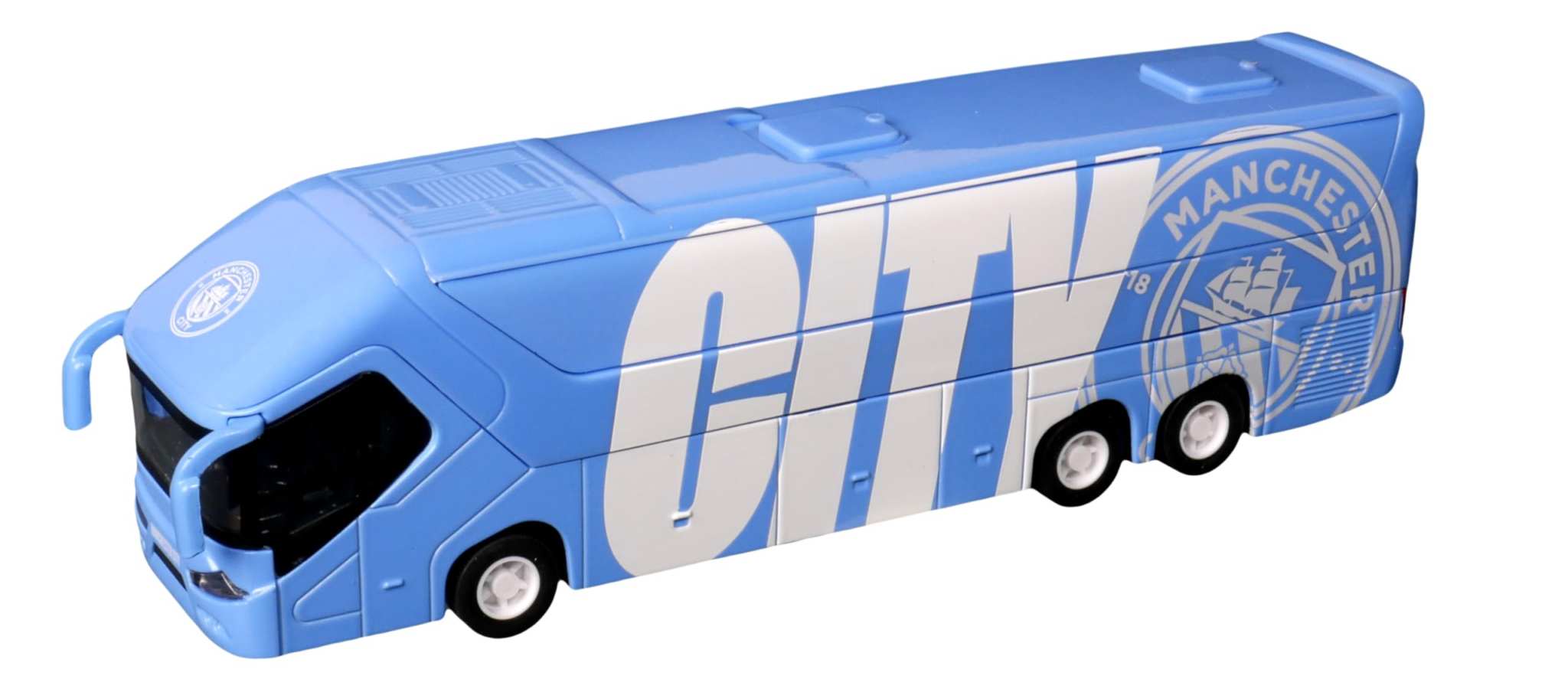 Manchester City collectible miniature team bus in sky color with friction-power feature and authentic club branding
