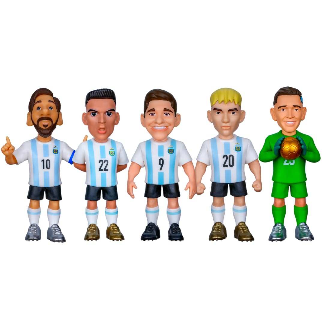 Minix Argentina National Team 5-pack soccer figurines featuring Messi Lautaro Martinez Alvarez Mastantuono and Dibu Martinez in official kits