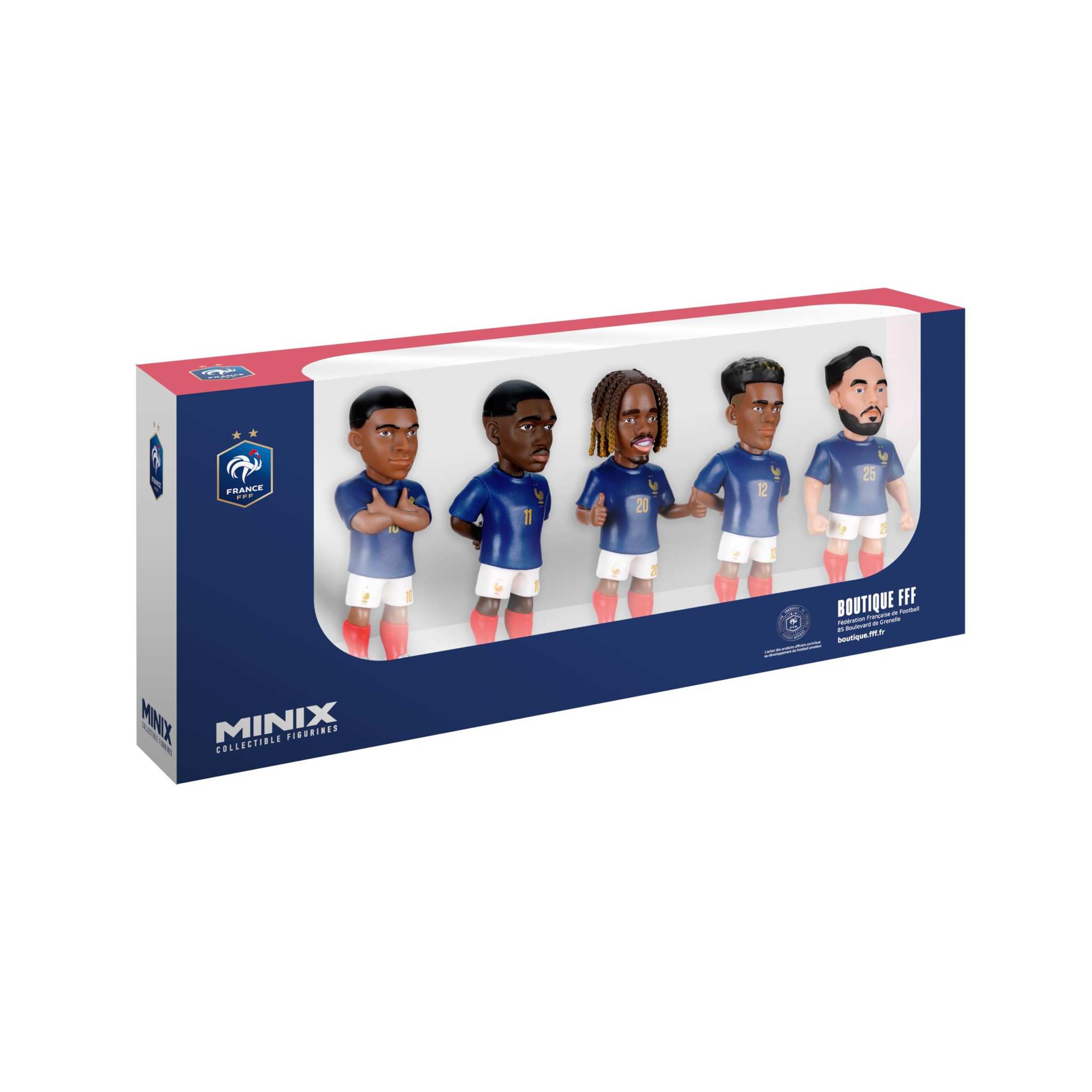 Minix France National Team collectible figurines 5-pack featuring Mbappé, Dembélé, Barcola, Doue, and Cherki in official kits