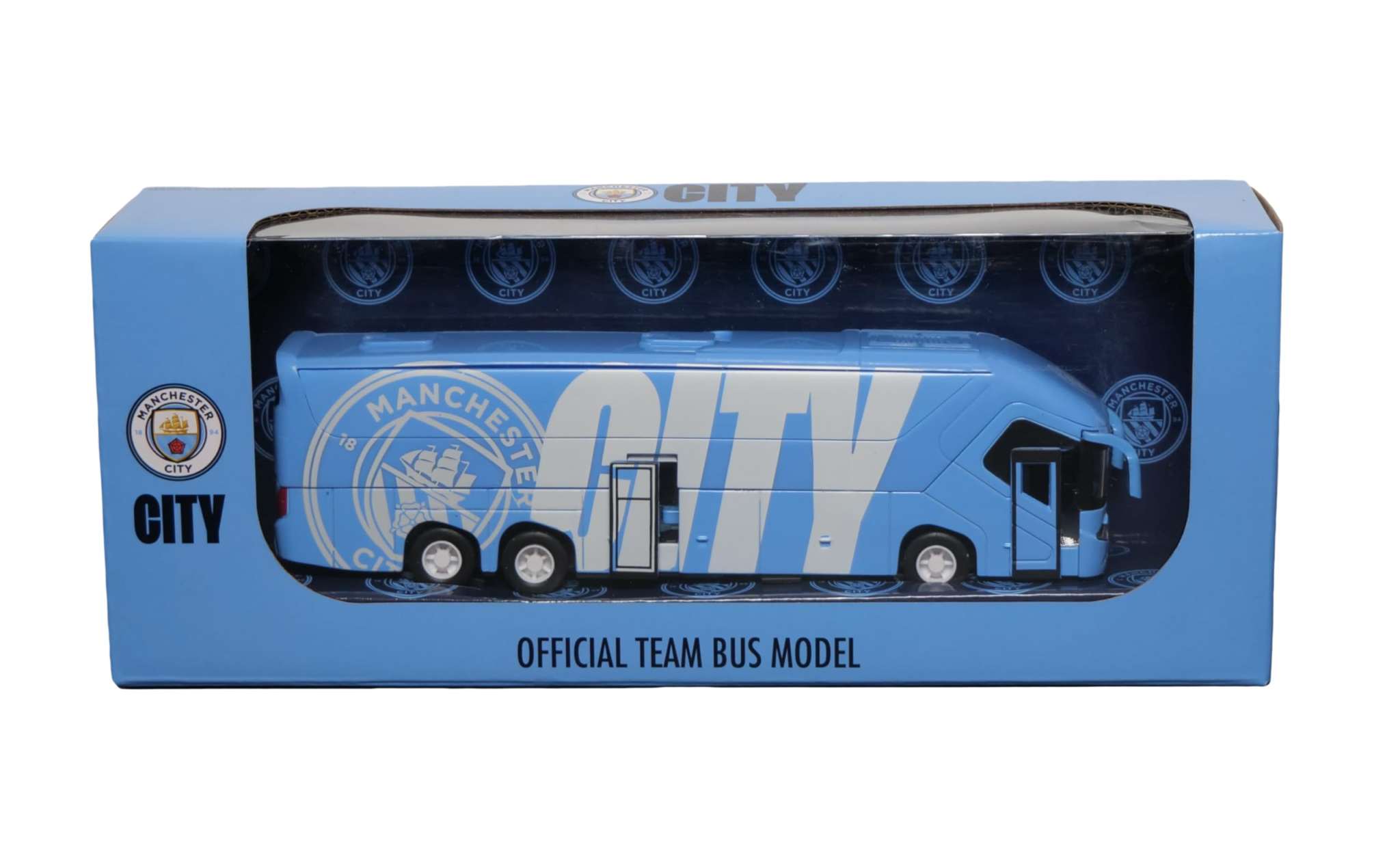 Manchester City collectible miniature team bus sky blue die-cast model with friction power engine and authentic club branding