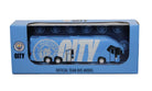 Manchester City collectible miniature team bus in sky blue with friction power engine and authentic club branding