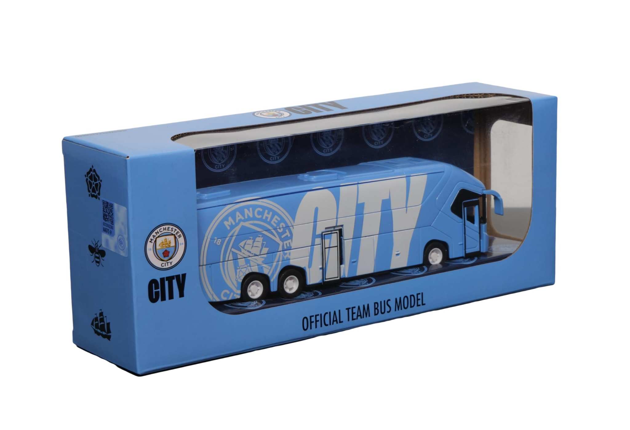 Manchester City collectible miniature team bus in sky blue die-cast with friction-power engine and official club branding
