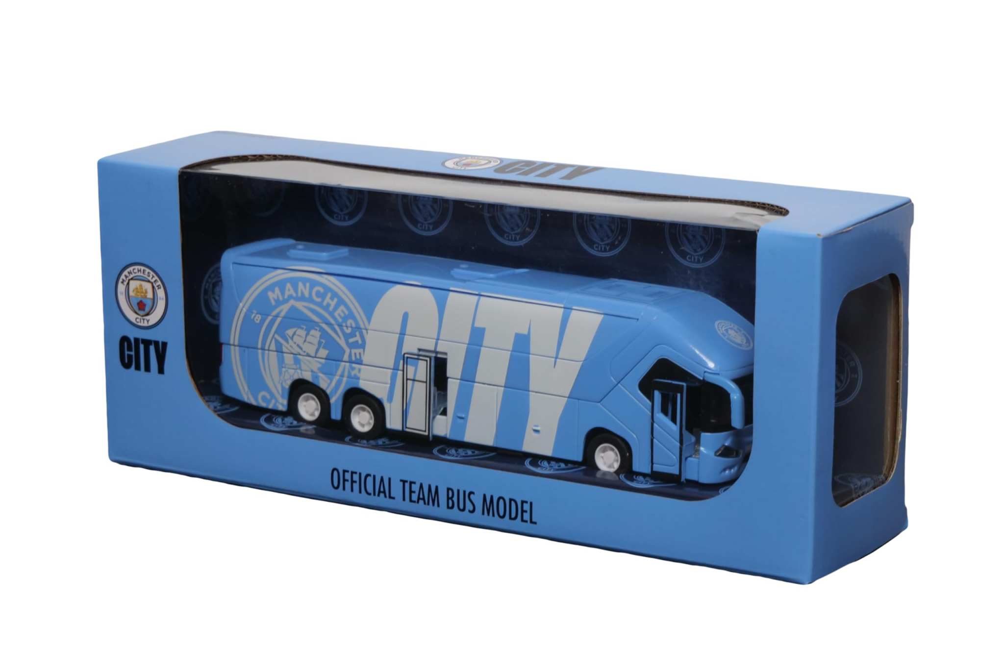 Manchester City collectible miniature team bus in sky color with friction-power engine and die-cast metal build