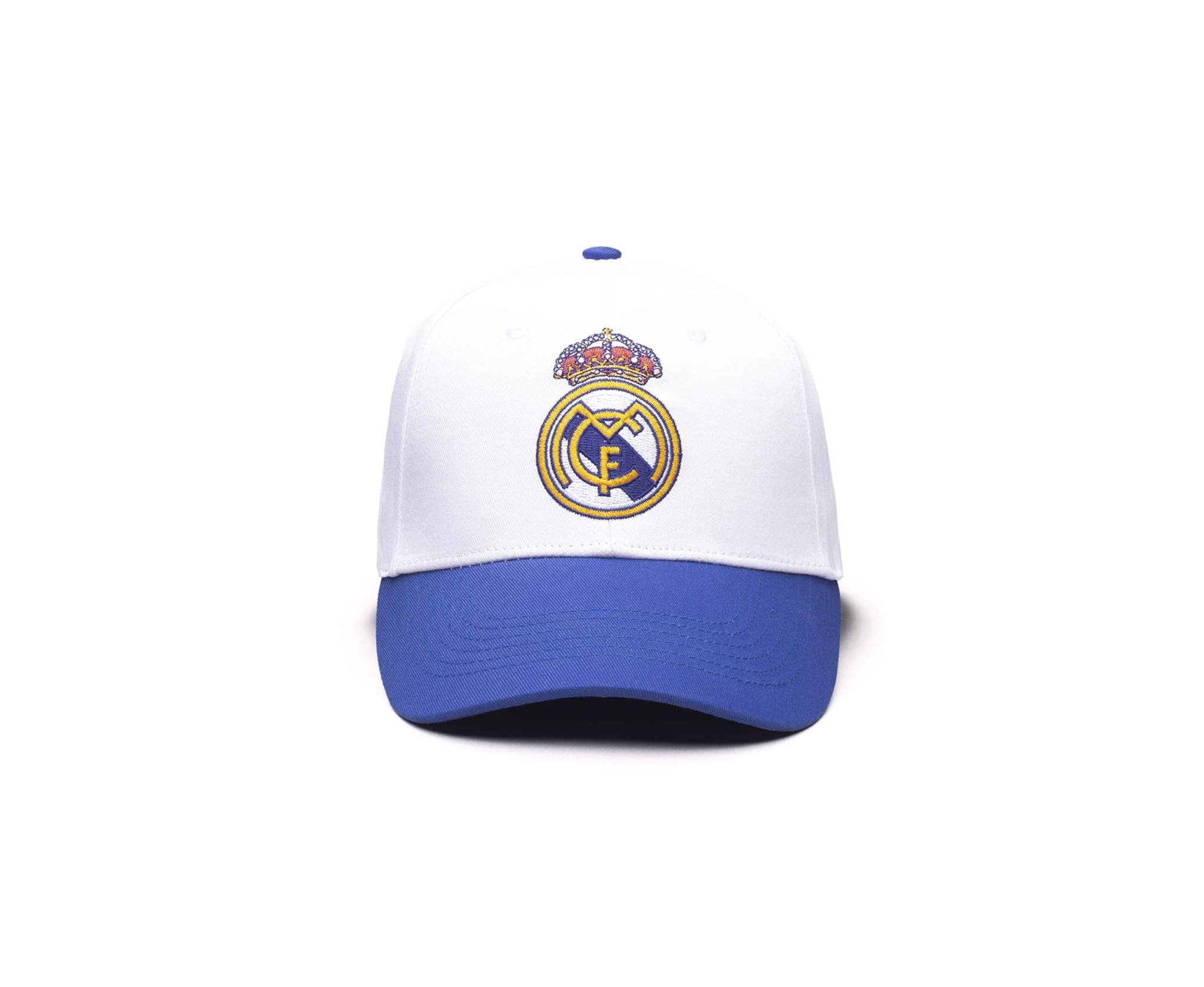 Fan Ink Real Madrid adjustable 2-tone royal and white soccer cap with embroidered crest and snapback closure