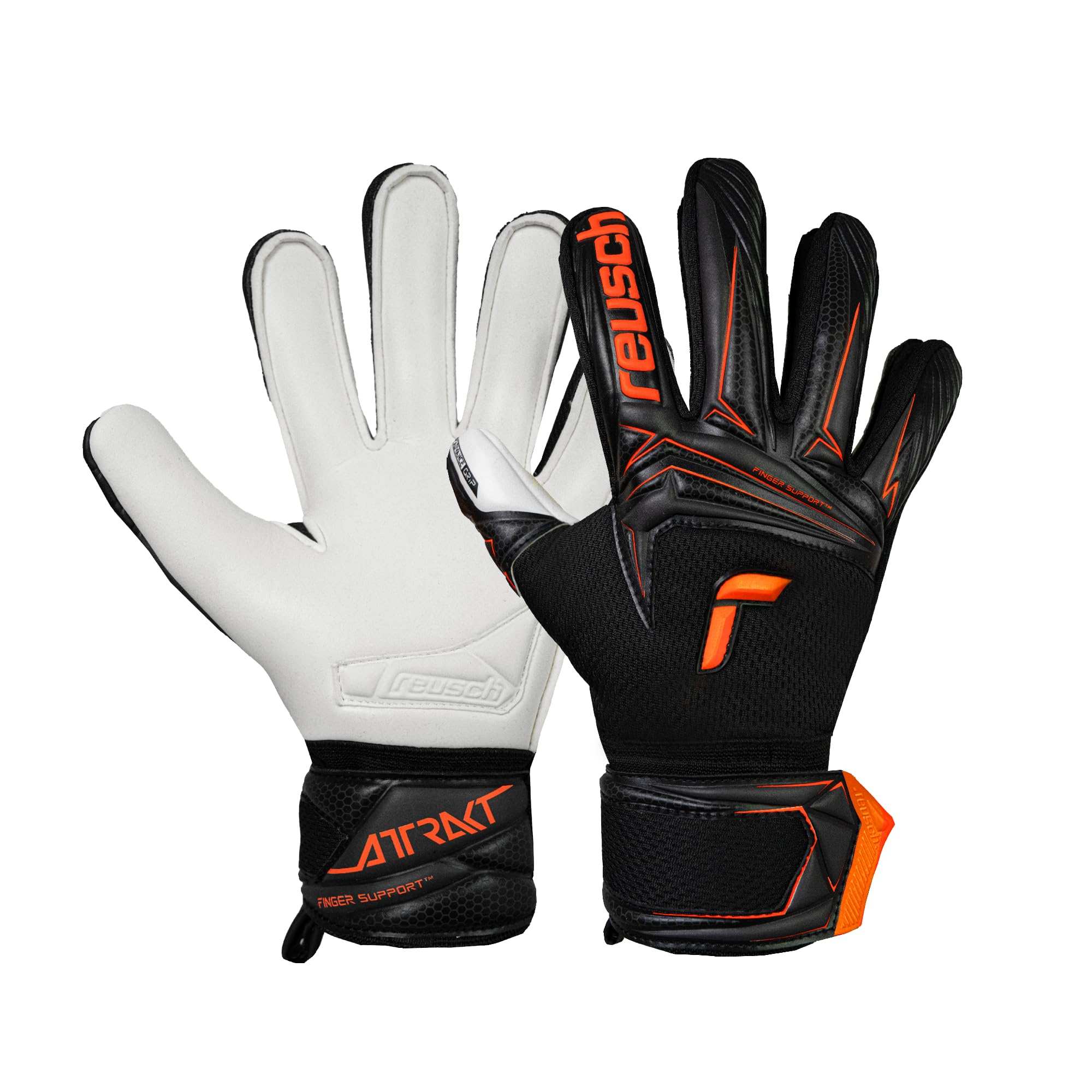 Black and orange Reusch Attrakt Advance junior goalkeeper gloves with Grip Advance latex and finger support technology