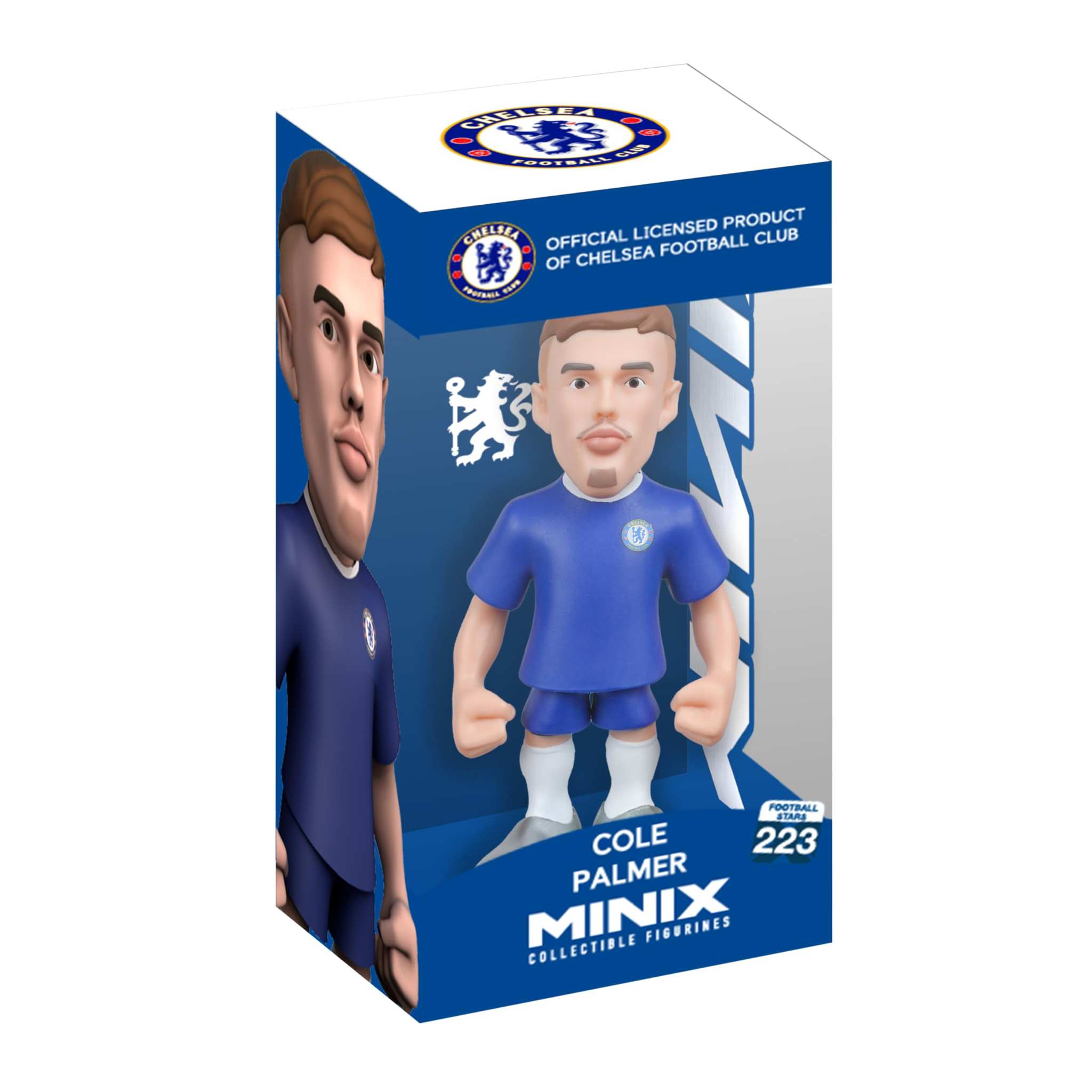 Minix Cole Palmer 12cm Chelsea FC figurine in blue kit with detailed hairstyle and facial features in display box
