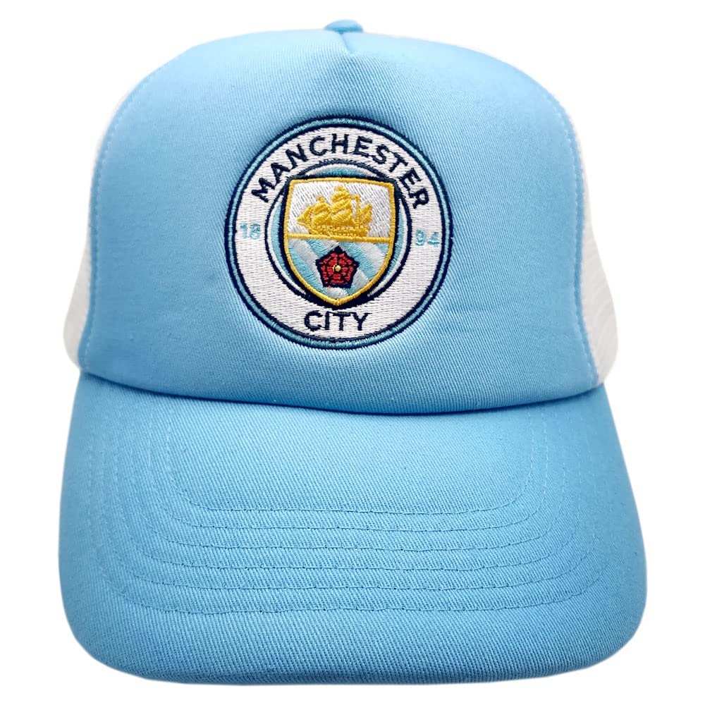 Fan Ink Limited Basics Trucker Hat Sky Blue with Manchester City FC crest and snapback fastening