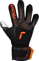 Reusch Attrakt Advance junior goalkeeper gloves in black and orange with grip advance latex and finger support technology