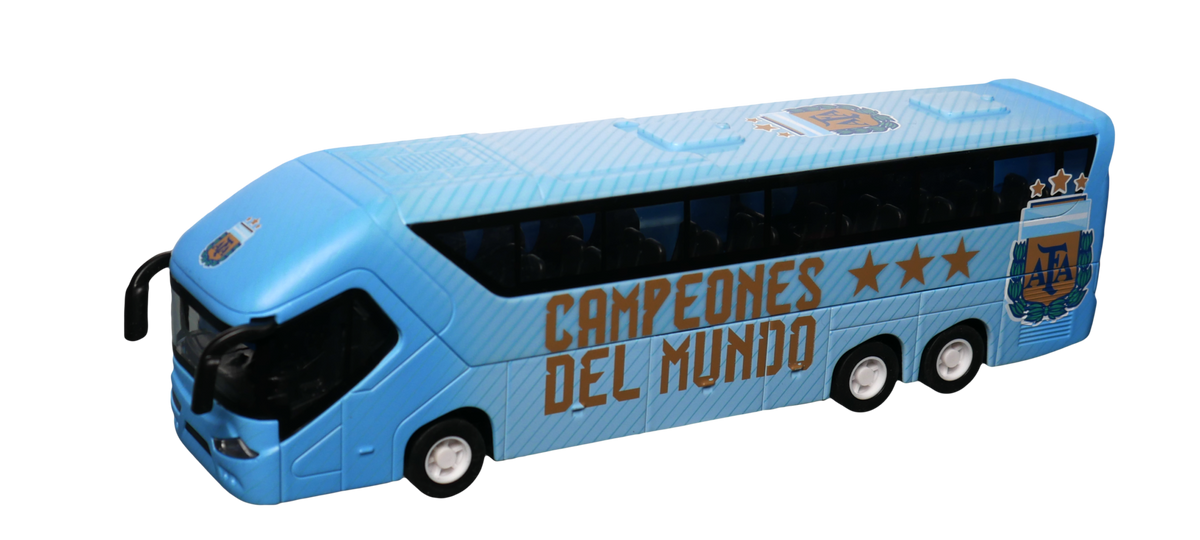 Argentina AFA Mini Team Bus in sky-blue plastic with white accents, black windows, three axles and championship lettering and crest.