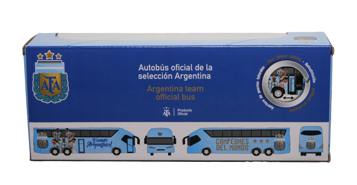Argentina AFA Mini Team Bus collectible in blue printed cardboard packaging, featuring the AFA crest and bus illustrations.