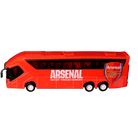 Arsenal Mini Team Bus collectible in bright red with black windows, white Arsenal lettering, crest and six wheels.