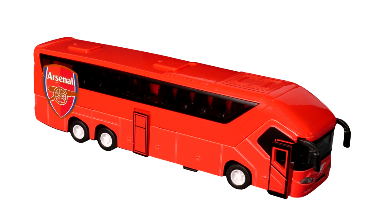 Arsenal Mini Team Bus, a red plastic coach featuring the Arsenal crest, black windows, and silver wheels.