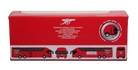 Arsenal Mini Team Bus collectible in a red cardboard box featuring illustrations of the red team bus and Arsenal crests