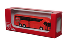 Arsenal Mini Team Bus, a red miniature coach with black windows, Arsenal crest and white wheels, in a red display box.