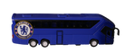 Chelsea Mini Team Bus, blue miniature coach with Chelsea crest, dark windows, and silver wheels for collectors’ displays.