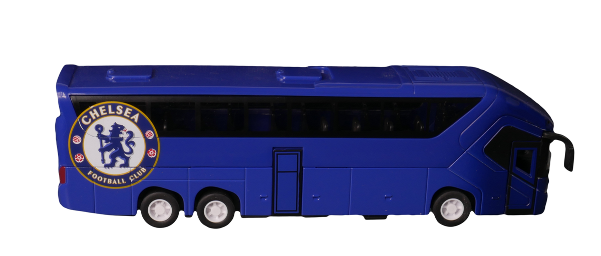 Chelsea Mini Team Bus, blue miniature coach with Chelsea crest, dark windows, and silver wheels for collectors’ displays.