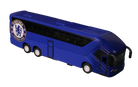 Chelsea Mini Team Bus collectible, blue plastic coach with black windows, white wheels and the Chelsea crest on its side.
