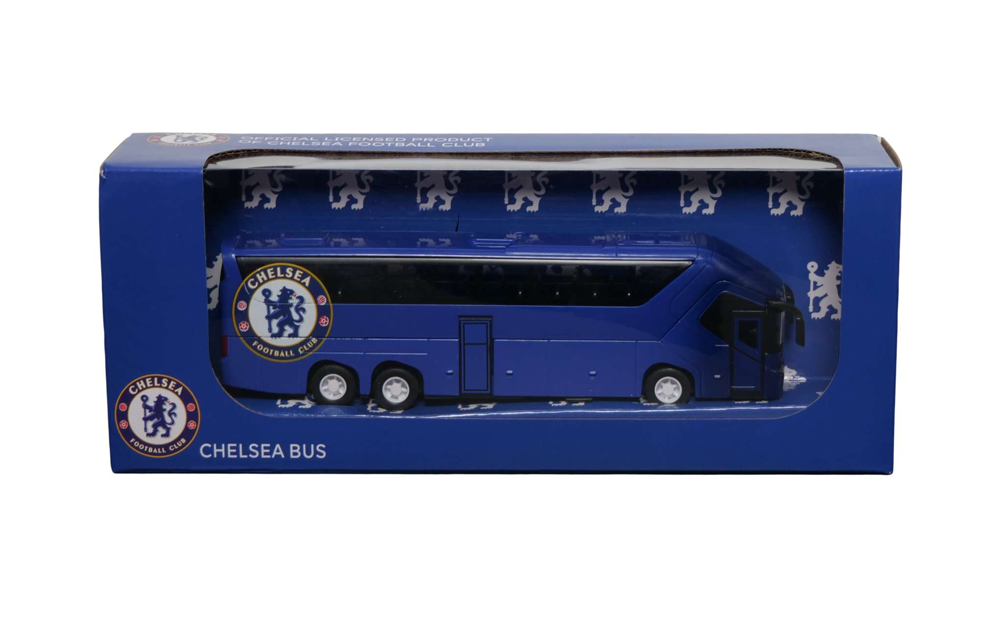 Official collectible miniature team bus in blue packaging with logo.